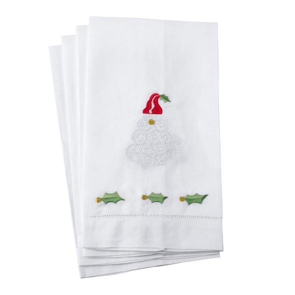 Tistheseason Embroidered Santa Claus Christmas Hemstitched Linen Cotton Guest Towel, White - Set of 4 TI1620691 - main